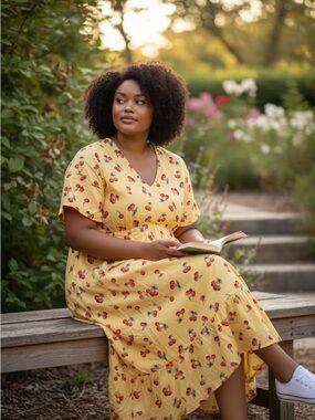 NWT: BloomChic size 18/20 yellow- Cherry-Print V-Neck Women’s Dress